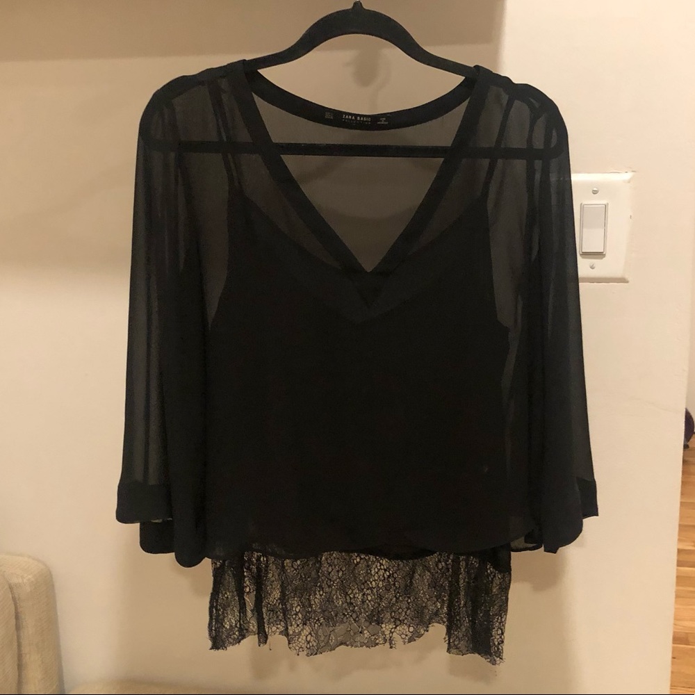 Zara Sheer 3/4 Sleeve Black Blouse